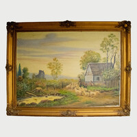 Szignózott festmény: Juhász bárányokkal. Olaj, 80x60