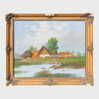 Mesterházy Dénes: Tanya kacsákkal. Olaj, 50x60