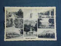 Képeslap,Gyula,mozaik,országzászló,városháza,Erkel szobor,park,dohányáruda Gyula kiadás, 1940-
