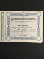 Magyar Kir. Posta személyzetének jóléti, háziipari, fogy., Takarék Üzletrészjegye 1924.
