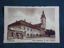 Képeslap,Horvátország,Čakovec,Csáktornya,Sze. László tér,templom,Benkő István dohányáruda,1940-