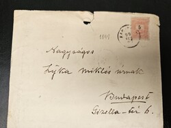 1899-es 5 kr bélyeg levélen Budapest Főposta