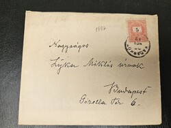 1897-es 5 kr bélyeg levélen Kadarkút (50 g.pont) -Budapest Főposta
