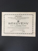Nagyon Ritka! “TOLEDO” Acél Részvénytársaság 0001-0050 sorszámú Részvénye 1931.