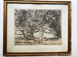 Varga Nándor Lajos (1895-1978): Balatonparton, 1958 - jelzett, színezett rézkarc