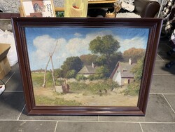 Gyönyörű falusi csendélet gémes kúttal (80x60) Huszthy I. ( Huszthy Ibolya?)