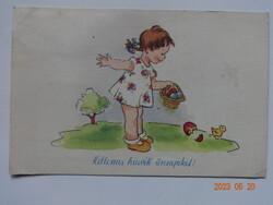 Régi grafikus húsvéti képeslap, kislány egy kosár tojással - Zombory Éva rajz