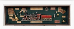 Impozáns vasúti relikviák/kollázs.Empire State Express vonatot és korabeli vasúti emlékeket mutatja