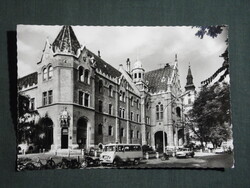 Képeslap,Kecskemét,Városháza,könyvtár,utca,autó,motorkerékpár látkép,részlet, 1967-