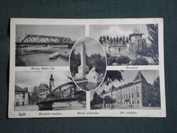 Képeslap,Győr,Horthy híd,csónakház,emlékmű,templom,itélőtábla látkép,részlet,Marton Jenő kiadá,1940-