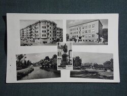 Képeslap,Győr,mozaik,kórház,rendelő,Rába part,Kossuth szobor,park látkép,részlet,1950-
