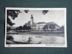 Képeslap,Győr,Karmelita templom,Rába part,evezős látkép,részlet,Marton Jenő kiadás,1940-
