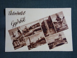 Képeslap,Győr,csónakház,emlékmű,szobor,templom,strand látkép,részlet,Weinstock Bp. kiadás,1940-