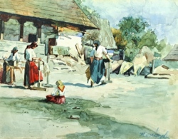 Hollóssy Béla: Erdélyi életkép (tempera) paraszti jelenet, Románia, 1930-as évek - Hollósy Béla