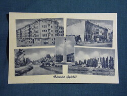 Képeslap,Győr,mozaik,Állami áruház,Rába part,emlékmű,utca látkép,részlet,1950-