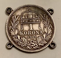 Ezüst 1 koronásból készült, ruhára felvarrható medál, bross, kitűző - 1915–ös Ferenc József pénzérme