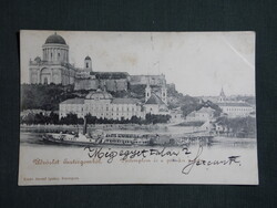 Képeslap,Esztergom,Bazilika,Prímási palota,kikötő,lapátkerekes hajó,Stromf Ignácz kiadás,1900-