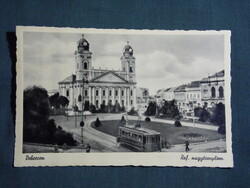 Képeslap,Debrecen,Ref. templom,főtér,villamos megálló,látkép,részlet,Barasits Bp. kiadás ,1930-