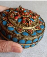 Retro Vintage Nepáli Kézzel készitett korall turkiz ékszer csecsebecsés Doboz