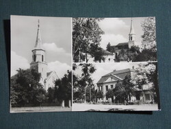 Képeslap,Lajoskomárom,mozaik,tanácsháza,iskola,templom,utca látkép,részlet 1961-