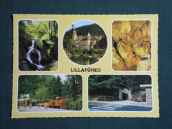 Képeslap,mozaik,Miskolc,Lillafüred Palotaszálló,kisvasút,Hámori tó,park,vízesés látkép,részlet,1981-