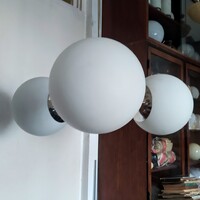 Bauhaus - Art deco 3 karos, nagy méretű, nikkelezett csillár felújítva - tejüveg gömb búra