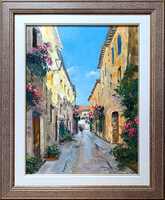 Hornyik Zoltán: Toszkán utca (Montepulciano) - kerettel 50x40 cm - alkotás 40x30cm - H25/251