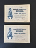 Mándoki Takarékpénztár Részvénytársaság 2 db sorszámkövető Részvény 1927.