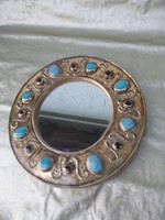 François Lembo Mirror, Ceramic, Jeweled, Gold, Turquoise, Black, Signed