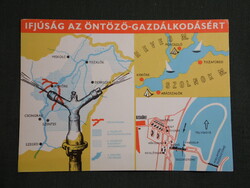 Képeslap,térképes,Kisköre vízlépcső,öntözőrendszere,üdülő,KISZ kiadás ,1970-