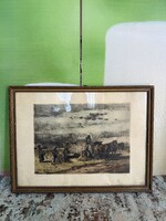 Udvary Pál ( 1900 - 1987 ) - Betakarítás Színes Rézkarc R0