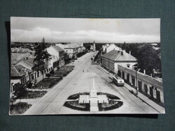 Képeslap,Monor,Kossuth Lajos utca,emlékmű,üzletek,bolt,Ikarus autóbusz látkép,részlet, 1960-