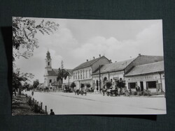 Képeslap,Monor,Kossuth Lajos utca,templom,üzletek,bolt,lovaskocsi látkép,részlet, 1961-
