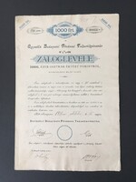Egyesült Budapesti Fővárosi Takarékpénztár Záloglevél 1000 Osztrák ért ékű Forintról  1891.