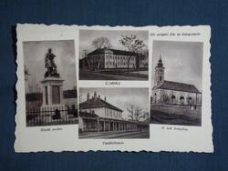 Képeslap,Kistelek,Hősök szobra,Vasútállomás,Róm. ka. templom,fiú leány iskola,Zánthó kereskedés,1940
