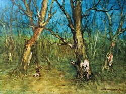 Szegvári Károly: Vadász és kutyája (olajfestmény) erdei táj
