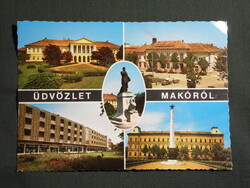 Képeslap,Makó,mozaik,Gimnázium,Tanácsháza,Városháza,hotel,emlékmű látkép,részlet, 1977-