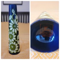 RETRO LAMPART zománcozott fém váza - kék alapon zöld-fehér virágos zománcváza