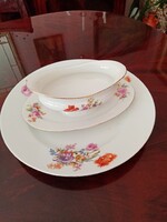 Antik csehszlovák virágos  porcelán tálaló tányér és talpas szószos tál ét készlethez