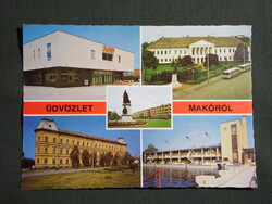 Képeslap,Makó,mozaik,Gimnázium,Városháza,Maros áruház,strand,szobor látkép,részlet, 1980-