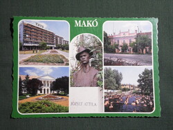 Képeslap,Makó,mozaik,Városháza,strand,József Attila szobor látkép,részlet, 1991-