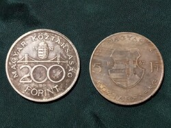 Patinás ezüst 200 Ft 1992,  és  Kossuth 5 Ft 1947