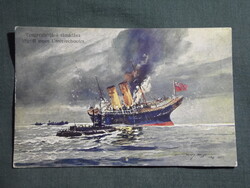 Képeslap,Első világháború,Tengeralattjáró támadása hajóra a tengeren,csatajelenet,1917