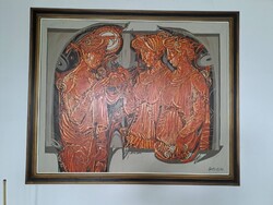 LARGE!  100 x 123 cm Gyula Xantus: 'Dining' oil on fiber painting