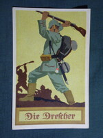 Képeslap,litho,artist W. I.,Német katona propaganda,honvéd,huszár,csatatér,fegyver,1914-