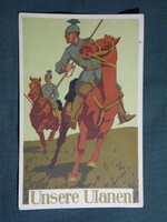 Képeslap,litho,artist W. I.,Német katona propaganda,honvéd,huszár,Unsere Ulanen,A mi ulánusaink,1914