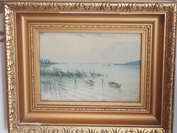 Gizella Barabás (Gizella Reissmann Barabás) Lake Balaton landscape watercolor painting for sale