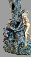 Maugsch Gyula - "Faun és Nimfa egy odvas fa körül" -unikális, hatalmas antik bronz -réz szobor/lámpa