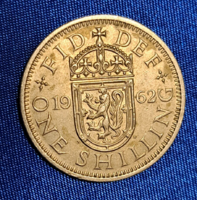 1 shilling Skót címer, balra néző ágaskodó oroszlán koronás pajzson Anglia 1962. (594)