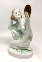 Herendi jelzett porcelán fésülködő tükrös női akt szobor (23.5cm) RZ
